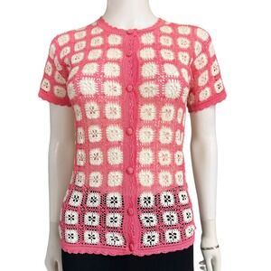 Bando Pink Crochet Granny Cottagecore Boho Chic Prairie Folk Style Shirt Women
S